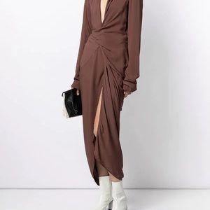 Rick Owens Silk Brown Wrap Midi Dress